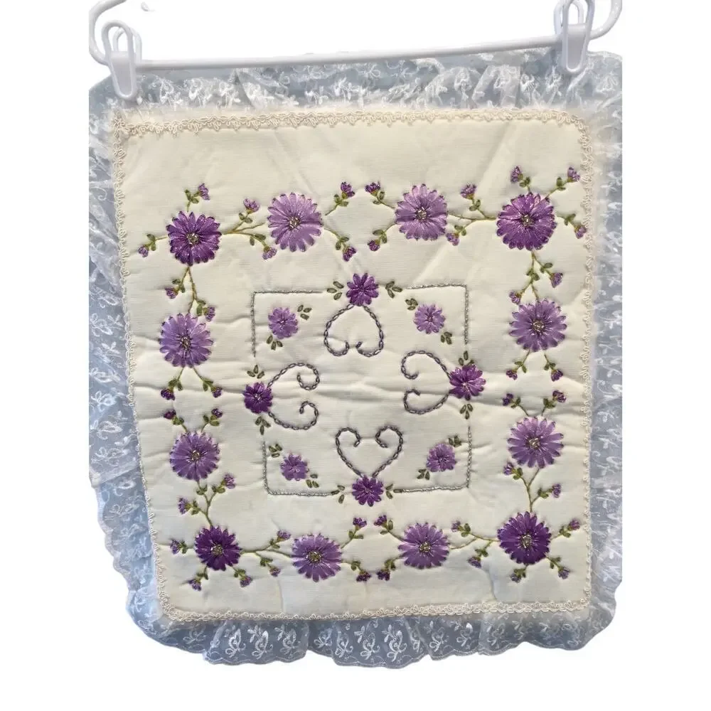 Vtg Handmade Square Pillow Cover Shabby White Purple Flower Lace‎ Valentine Day